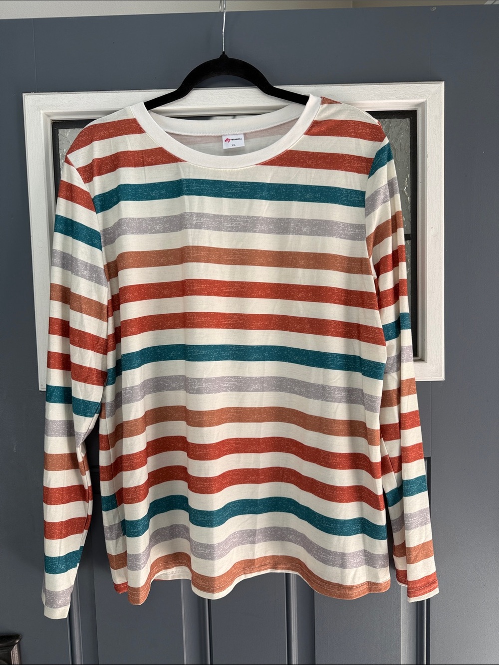 Women's Long-Sleeve Striped Tee in Cream with Rust & Teal - Casual Everyday Top